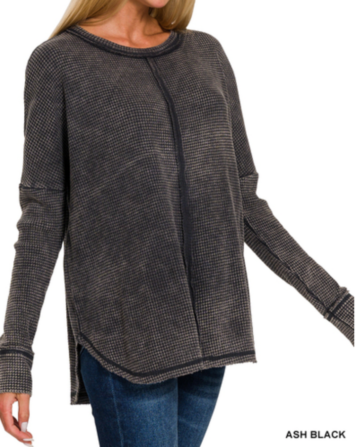 Zenana - WASHED BABY WAFFLE OVERSIZED LONG SLEEVE TOP