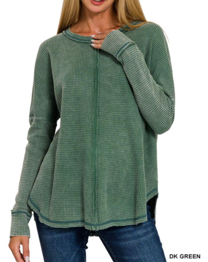 Zenana - WASHED BABY WAFFLE OVERSIZED LONG SLEEVE TOP