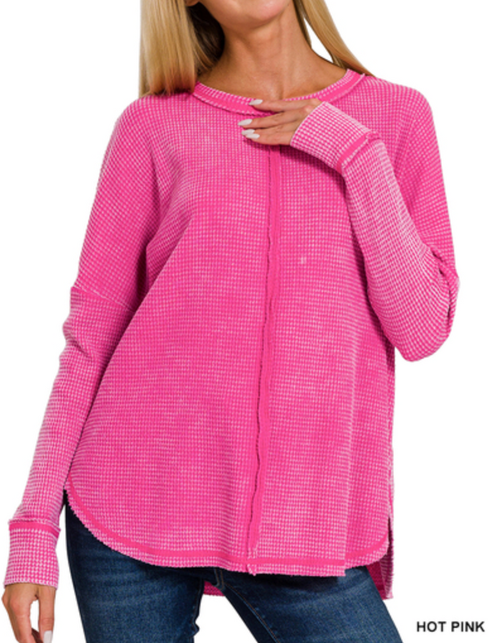 Zenana - WASHED BABY WAFFLE OVERSIZED LONG SLEEVE TOP