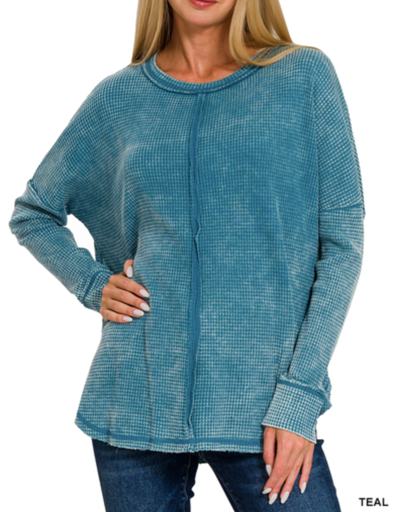 Zenana - WASHED BABY WAFFLE OVERSIZED LONG SLEEVE TOP
