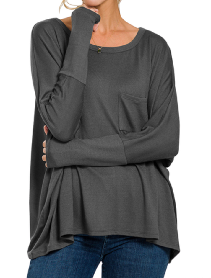 Zenana - OVERSIZED DOLMAN SLEEVE ROUND NECK TOP WITH FRONT POCKET