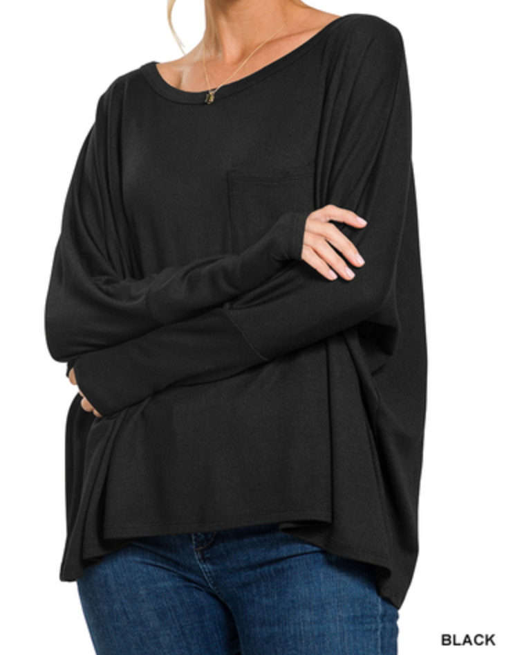 Zenana - OVERSIZED DOLMAN SLEEVE ROUND NECK TOP WITH FRONT POCKET