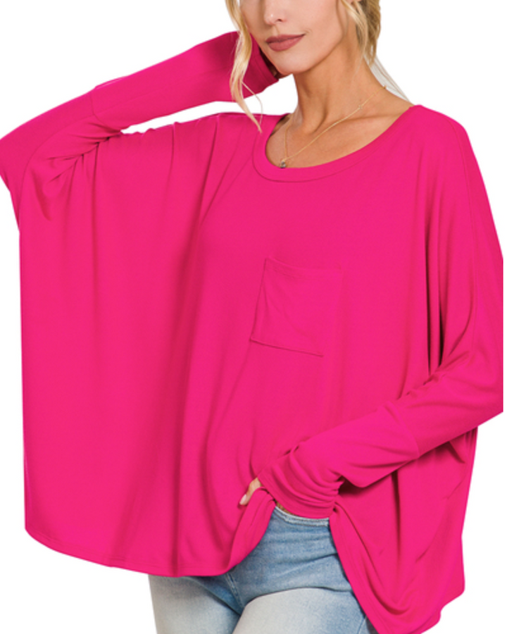 Zenana - OVERSIZED DOLMAN SLEEVE ROUND NECK TOP WITH FRONT POCKET