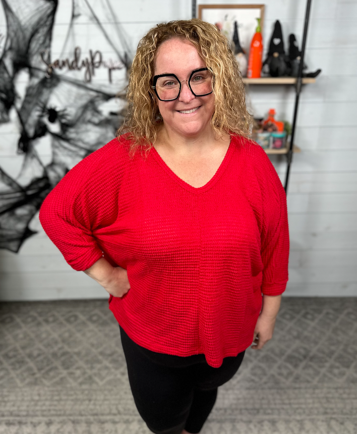 Zenana - Oversized Waffle V Neck Top