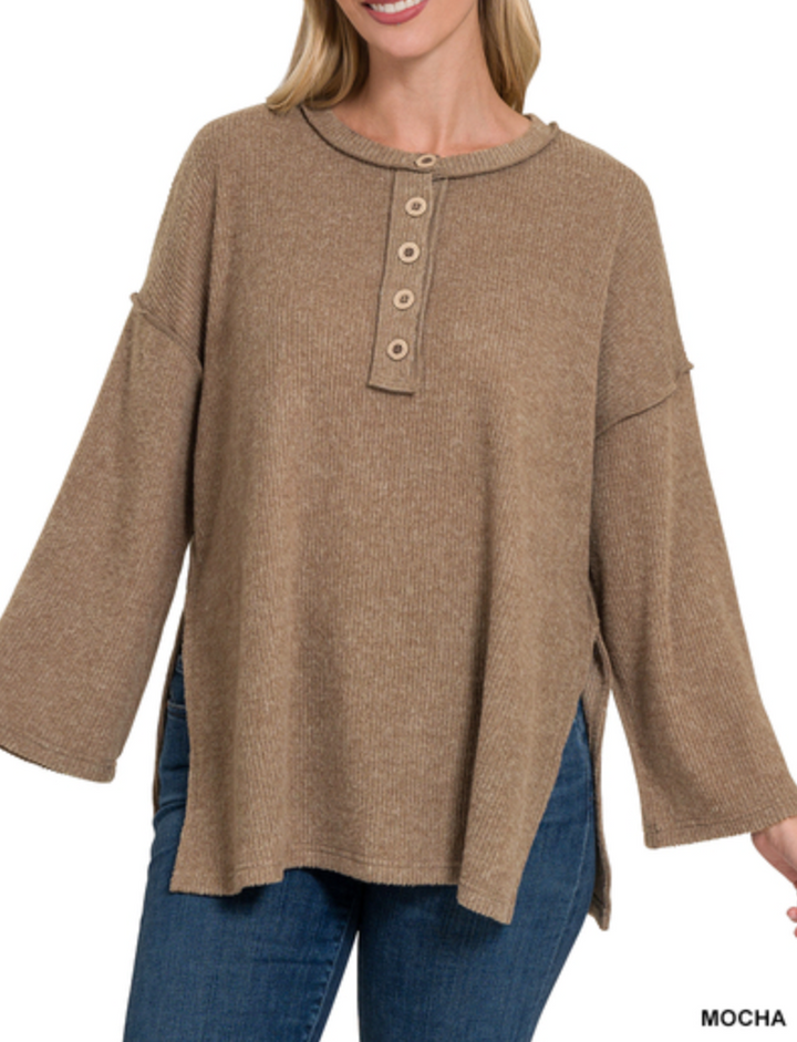 Zenana - RIBBED BRUSHED MELANGE HACCI HENLEY SWEATER