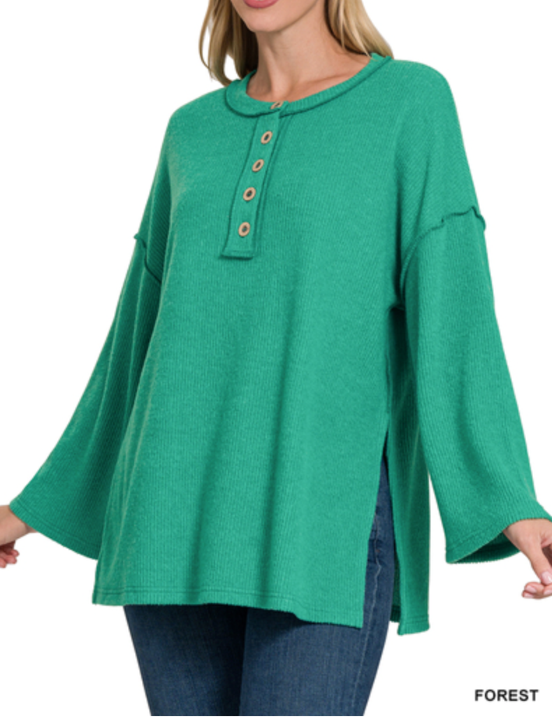 Zenana - RIBBED BRUSHED MELANGE HACCI HENLEY SWEATER