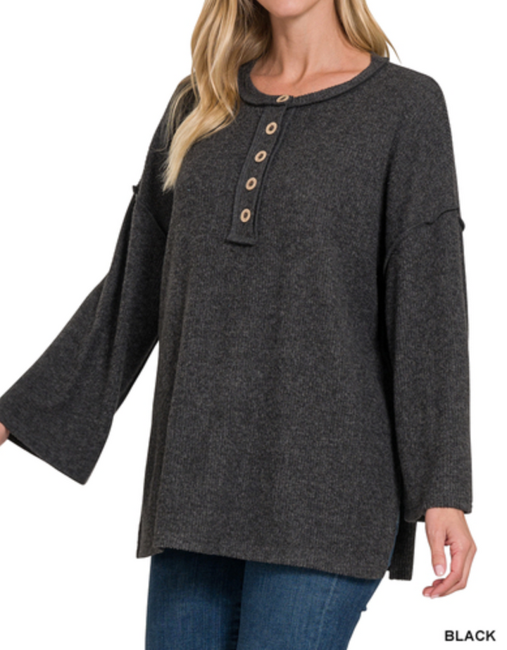 Zenana - RIBBED BRUSHED MELANGE HACCI HENLEY SWEATER