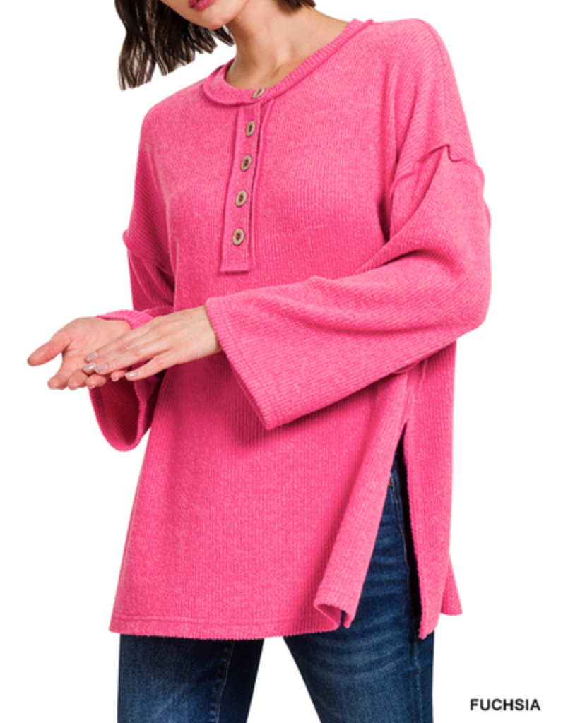 Zenana - RIBBED BRUSHED MELANGE HACCI HENLEY SWEATER