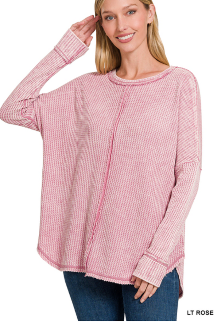 Zenana - WASHED BABY WAFFLE OVERSIZED LONG SLEEVE TOP