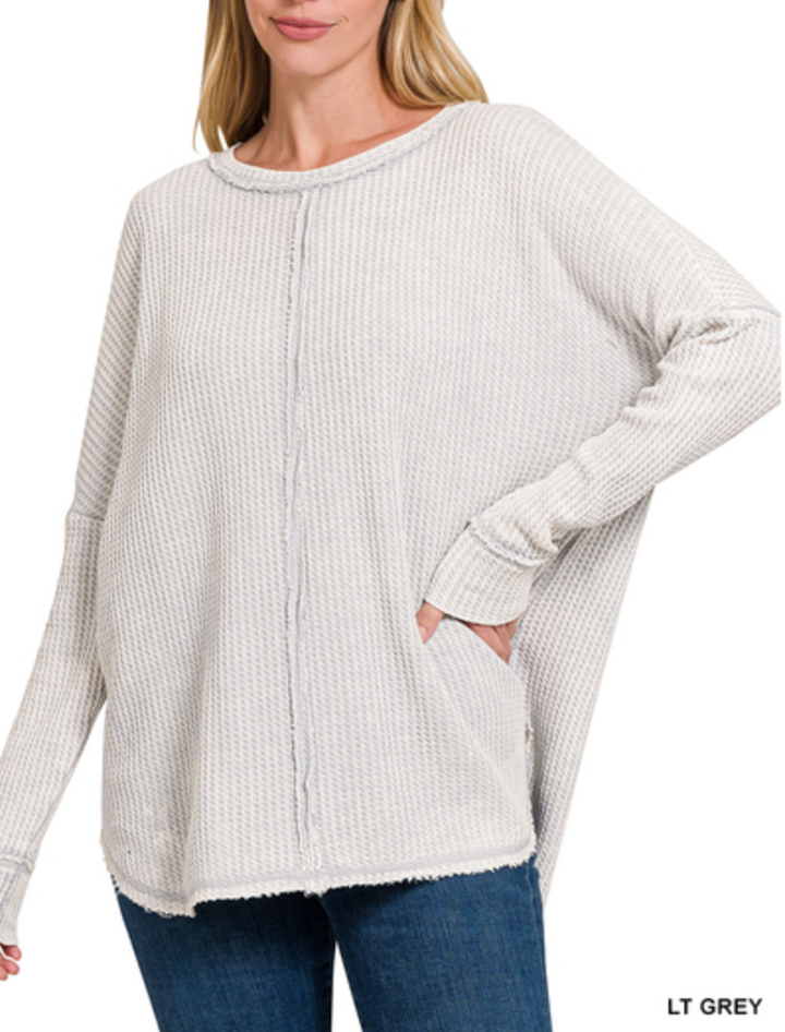 Zenana - WASHED BABY WAFFLE OVERSIZED LONG SLEEVE TOP