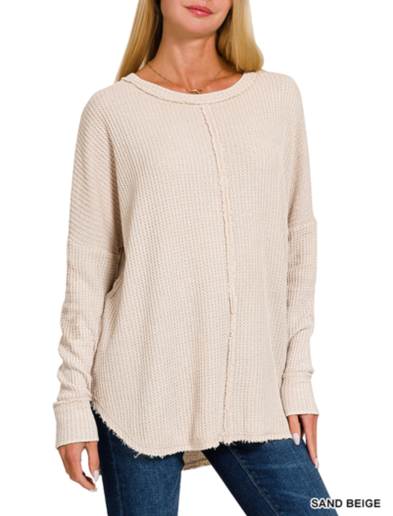 Zenana - WASHED BABY WAFFLE OVERSIZED LONG SLEEVE TOP