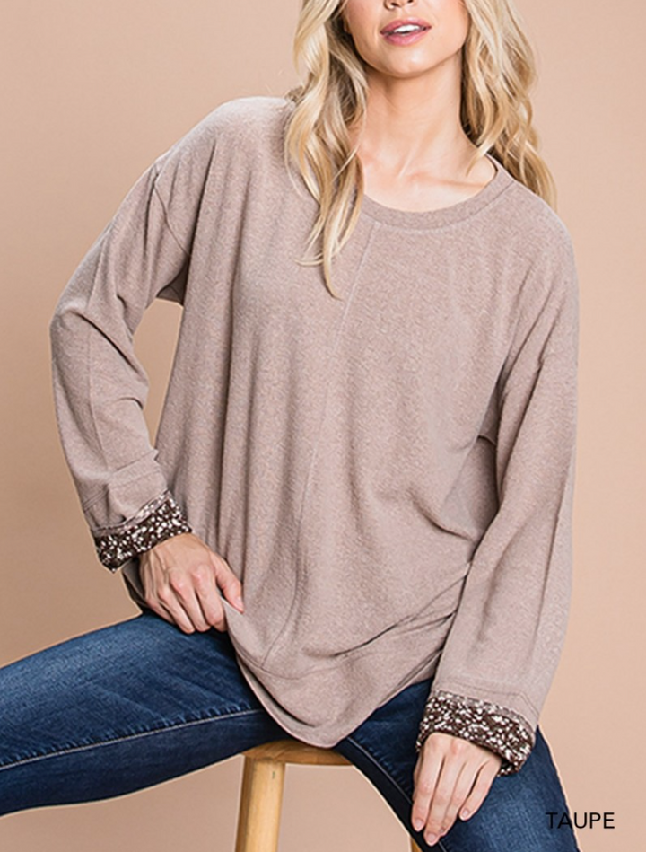 Cotton Bleu - Hacci Brushed Top W/ Floral Contrast Sleeve Detailed