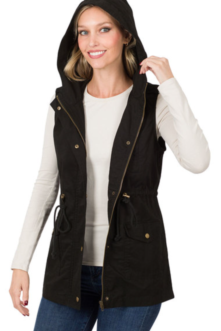 Zenana - DRAWSTRING WAIST MILITARY HOODIE VEST