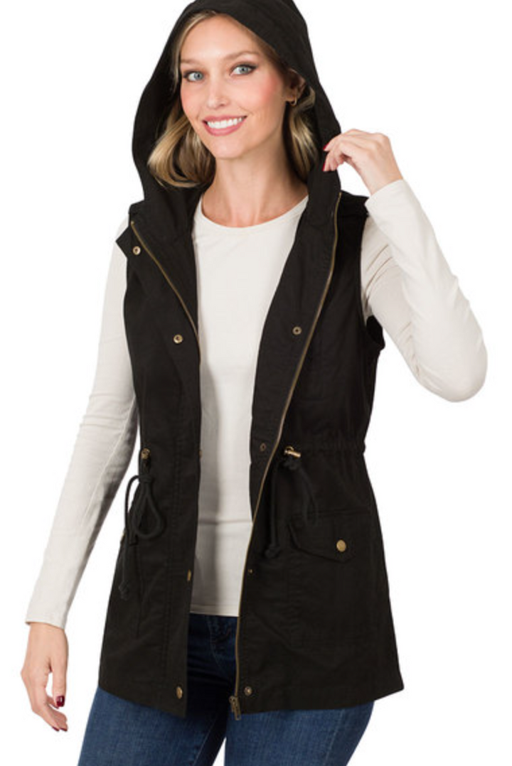 Zenana - DRAWSTRING WAIST MILITARY HOODIE VEST