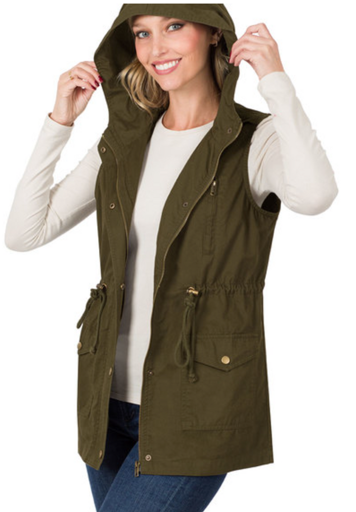 Zenana - DRAWSTRING WAIST MILITARY HOODIE VEST