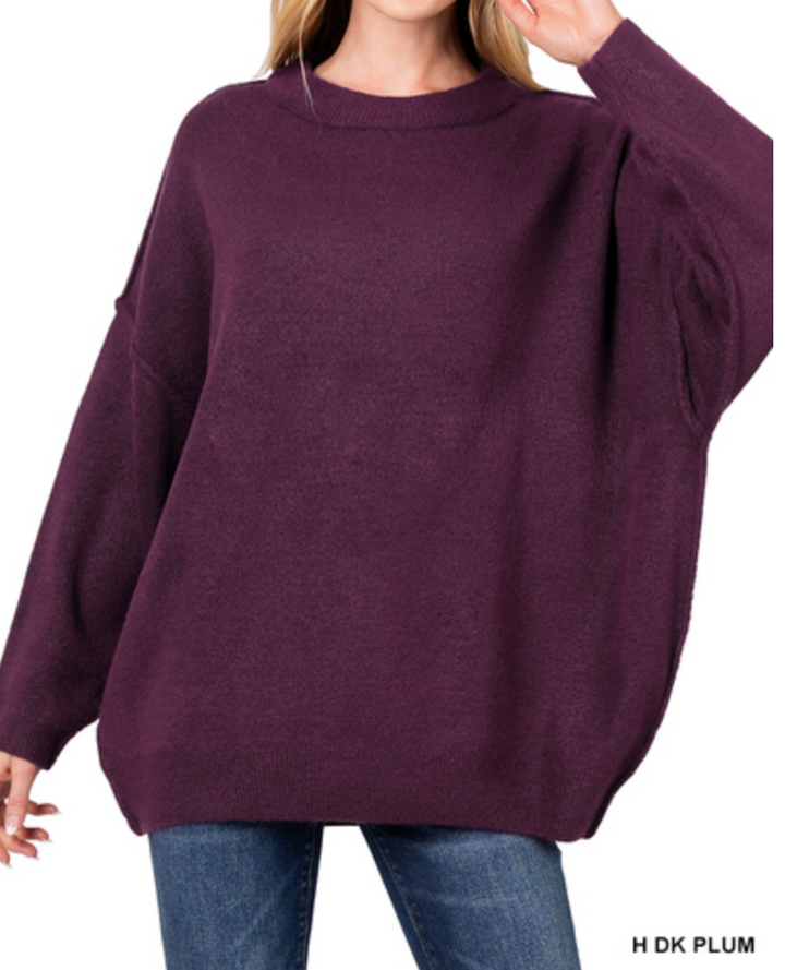 Zenana - OVERSIZED ROUND NECK RAW SEAM MELANGE SWEATER