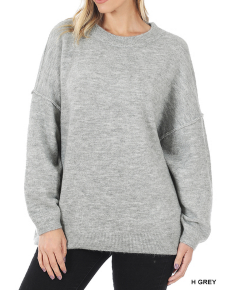 Zenana - OVERSIZED ROUND NECK RAW SEAM MELANGE SWEATER