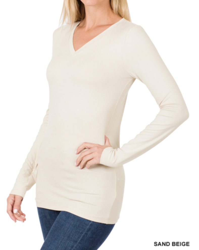 Zenana - BRUSHED MICROFIBER LONG SLEEVE V-NECK TEE