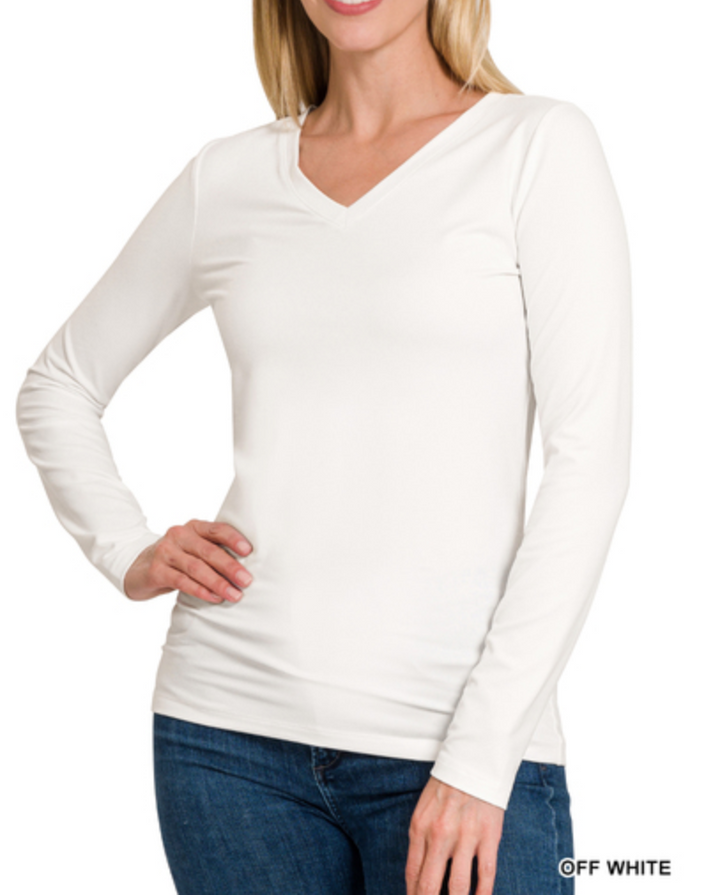 Zenana - BRUSHED MICROFIBER LONG SLEEVE V-NECK TEE
