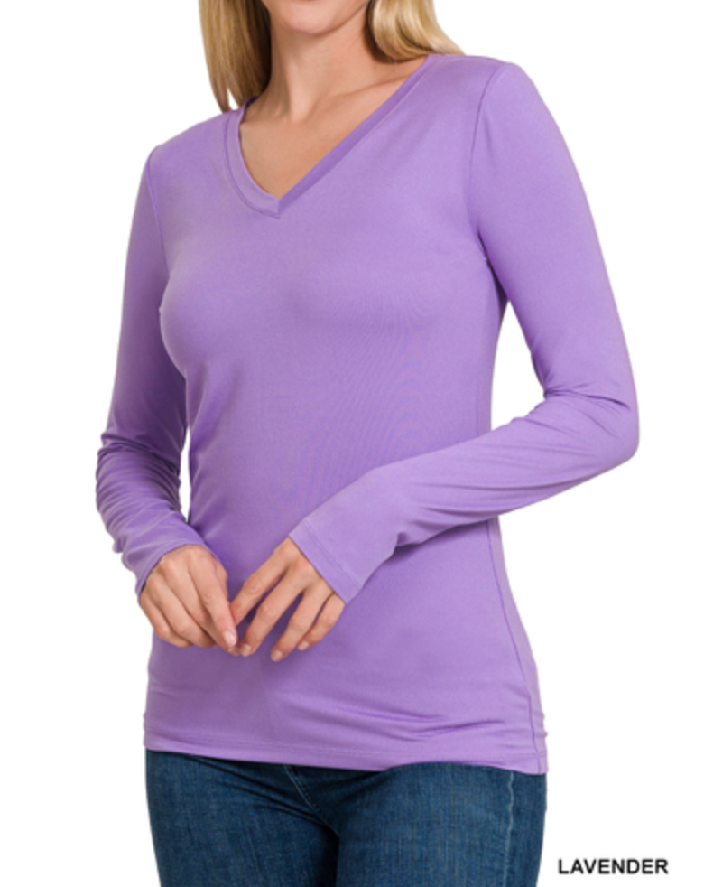 Zenana - BRUSHED MICROFIBER LONG SLEEVE V-NECK TEE