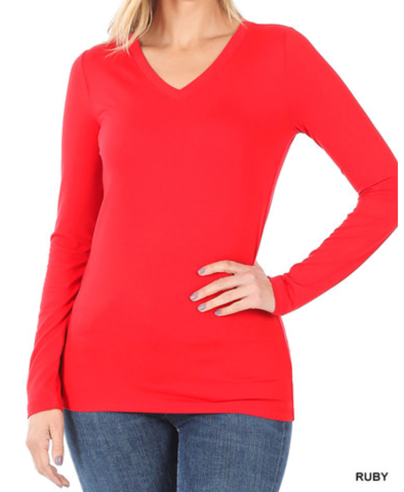 Zenana - BRUSHED MICROFIBER LONG SLEEVE V-NECK TEE