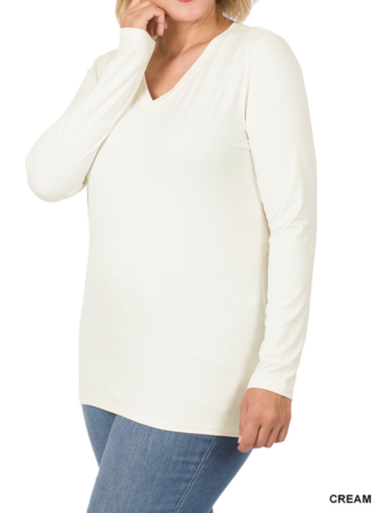 Zenana - BRUSHED MICROFIBER LONG SLEEVE V-NECK TEE