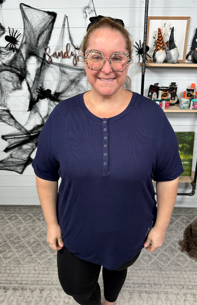Michelle Mae - Navy Short Sleeve Henley Top