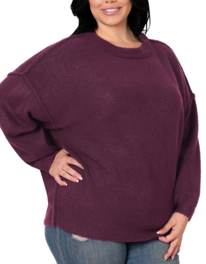 Zenana - OVERSIZED ROUND NECK RAW SEAM MELANGE SWEATER