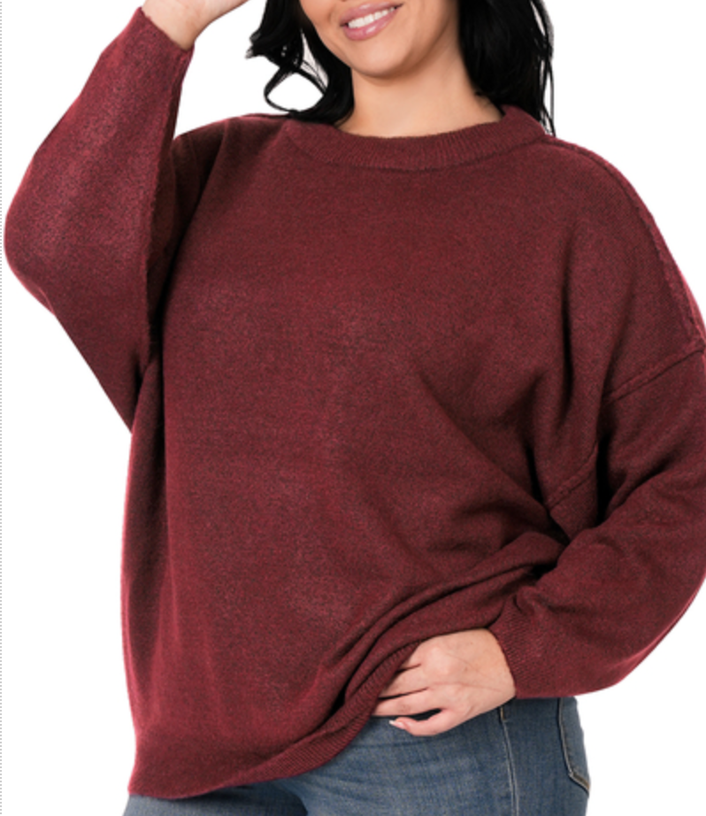 Zenana - OVERSIZED ROUND NECK RAW SEAM MELANGE SWEATER