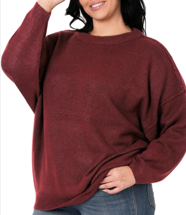 Zenana - OVERSIZED ROUND NECK RAW SEAM MELANGE SWEATER
