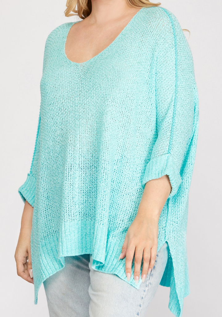 She + Sky - 3/4 SLEEVE HI LOW KNIT SWEATER TOP