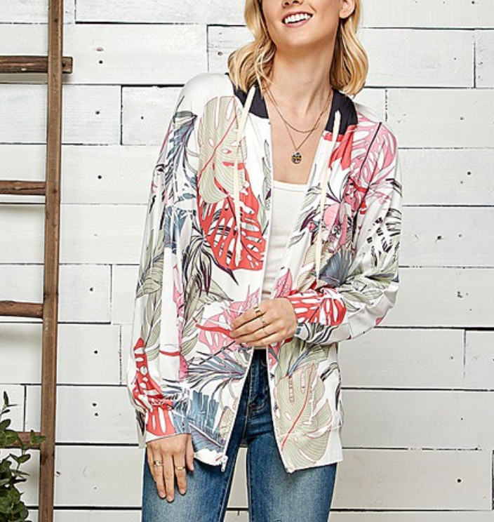 Blumin' - FLORAL LEAF PRINT HOODIE FULL ZIP JACKET