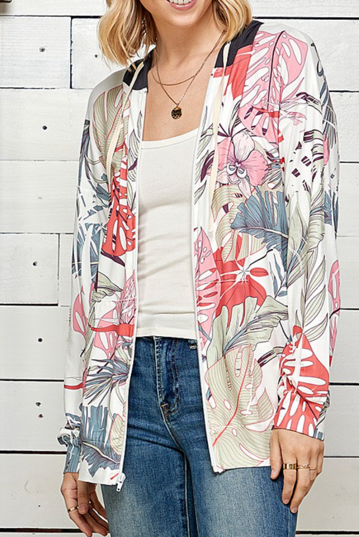 Blumin' - FLORAL LEAF PRINT HOODIE FULL ZIP JACKET