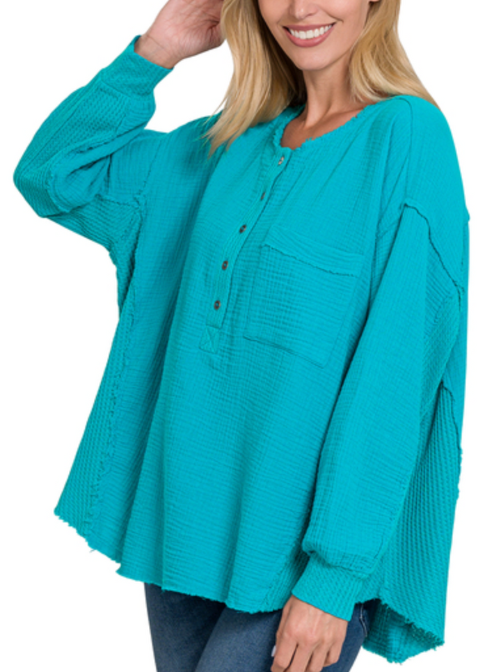 Zenana - DOUBLE GAUZE OVERSIZED 3/4 BUTTON HENLEY NECK TOP