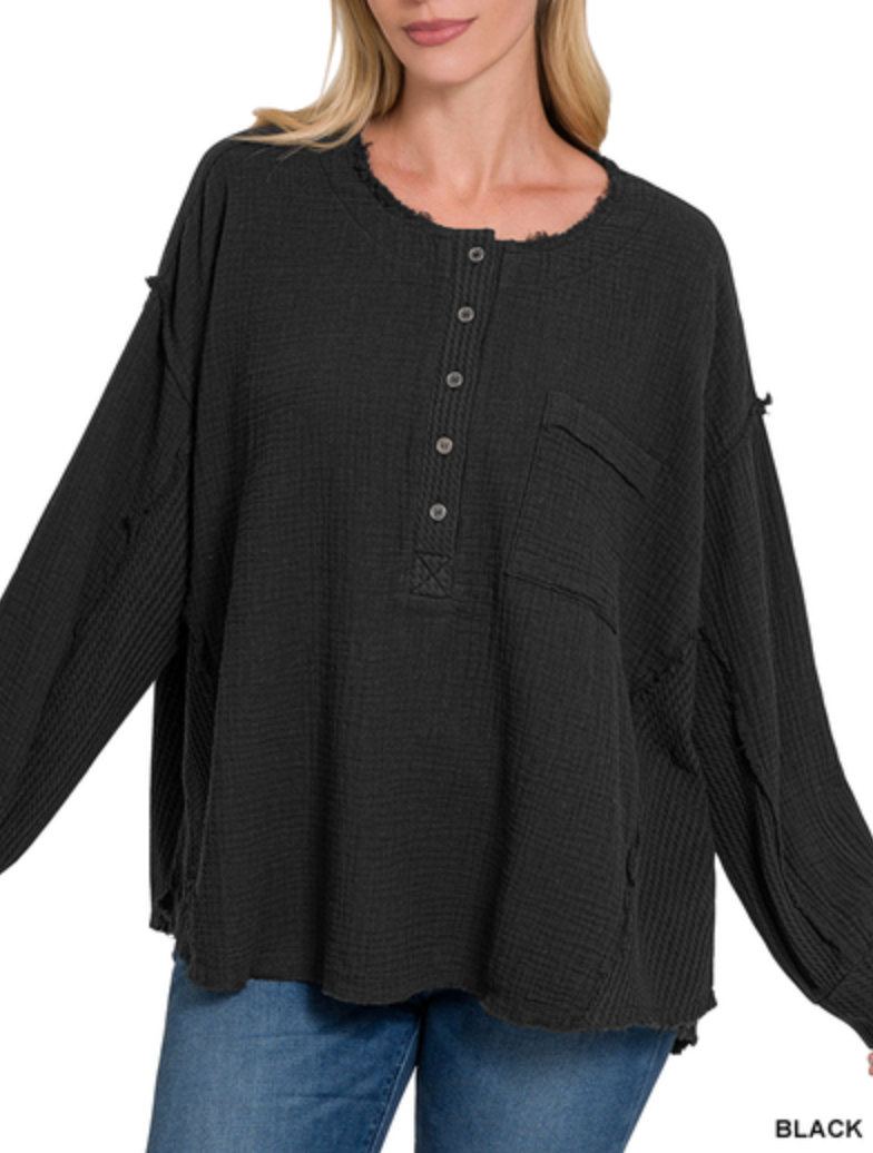 Zenana - DOUBLE GAUZE OVERSIZED 3/4 BUTTON HENLEY NECK TOP