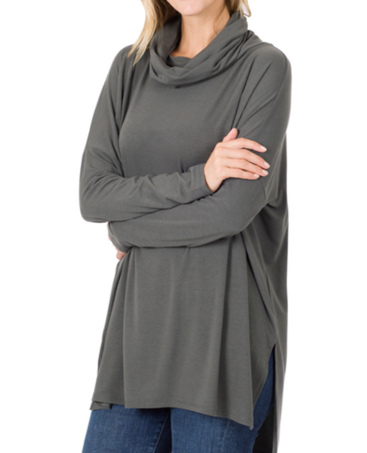 Zenana - COWL NECK LONG SLEEVE HI-LOW TOP