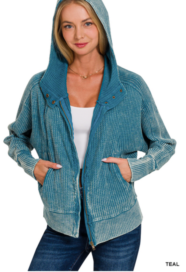 Zenana - ACID WASH COTTON WAFFLE HOODED ZIP-UP JACKET