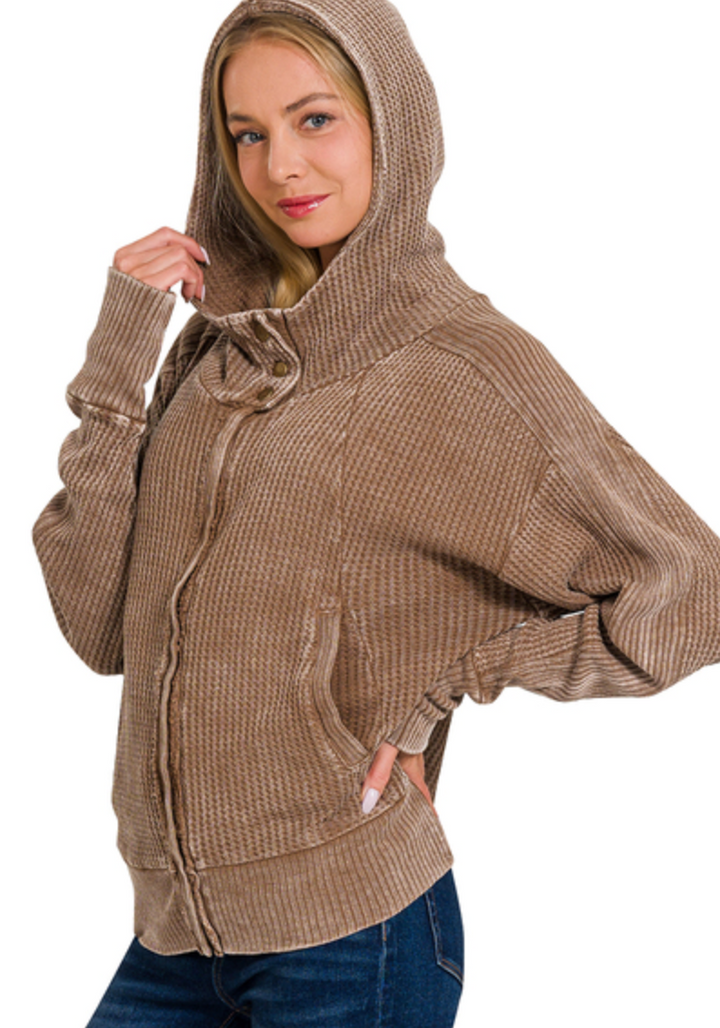 Zenana - ACID WASH COTTON WAFFLE HOODED ZIP-UP JACKET