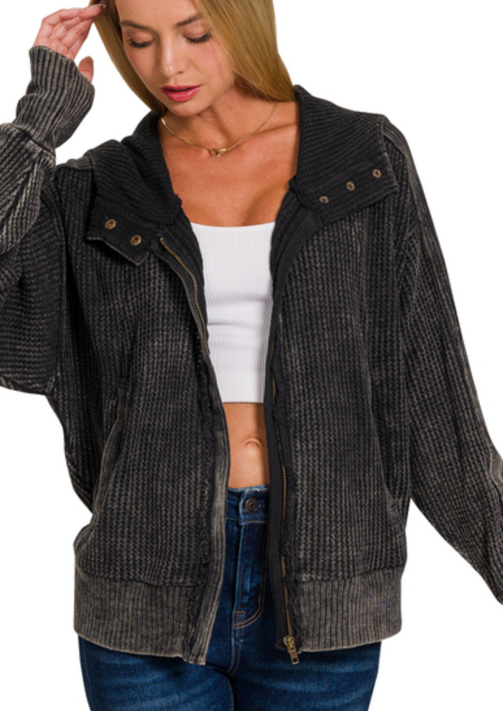 Zenana - ACID WASH COTTON WAFFLE HOODED ZIP-UP JACKET