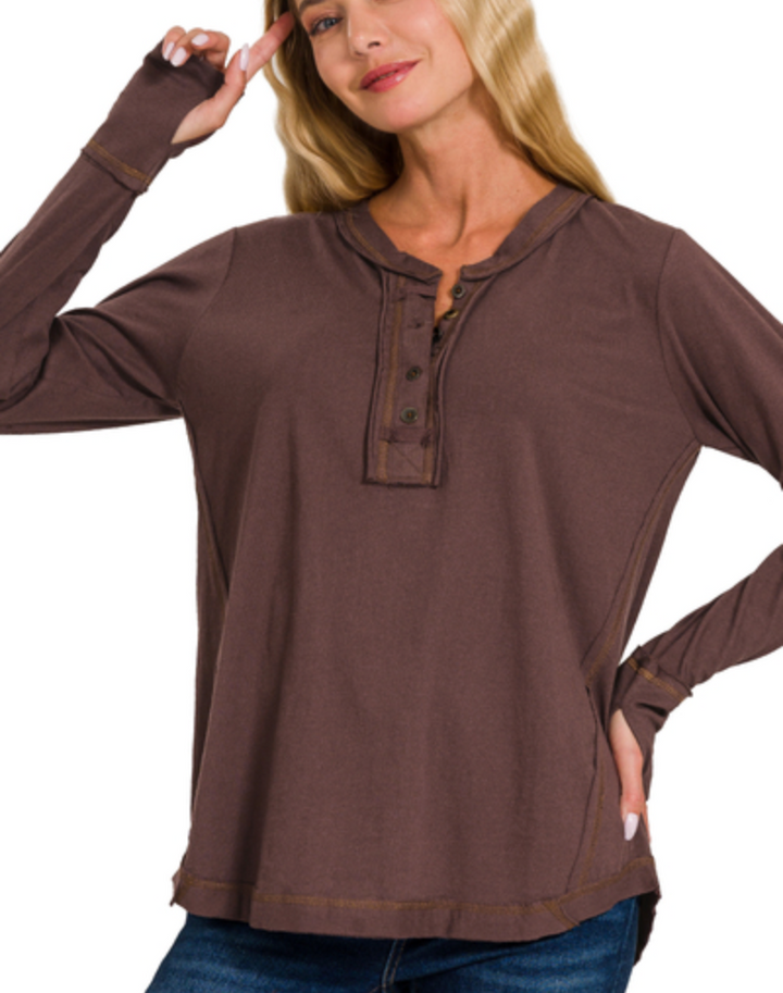 Zenana - THUMB HOLE CUFFS BUTTON CLOSURE LONG SLEEVE TOP