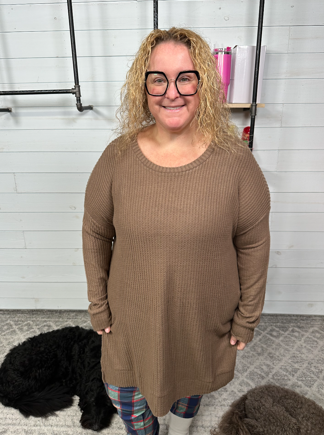 Zenana - Waffle Knit Crew Neck Tunic