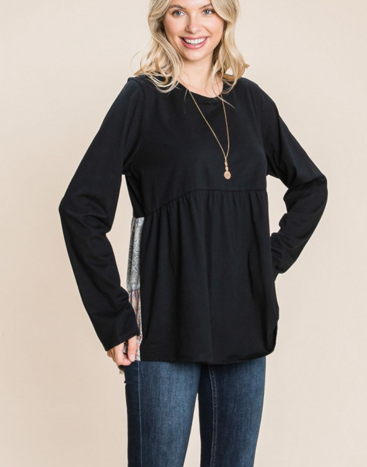 Cotton Bleu - Paisley Print Color Block Flare Top