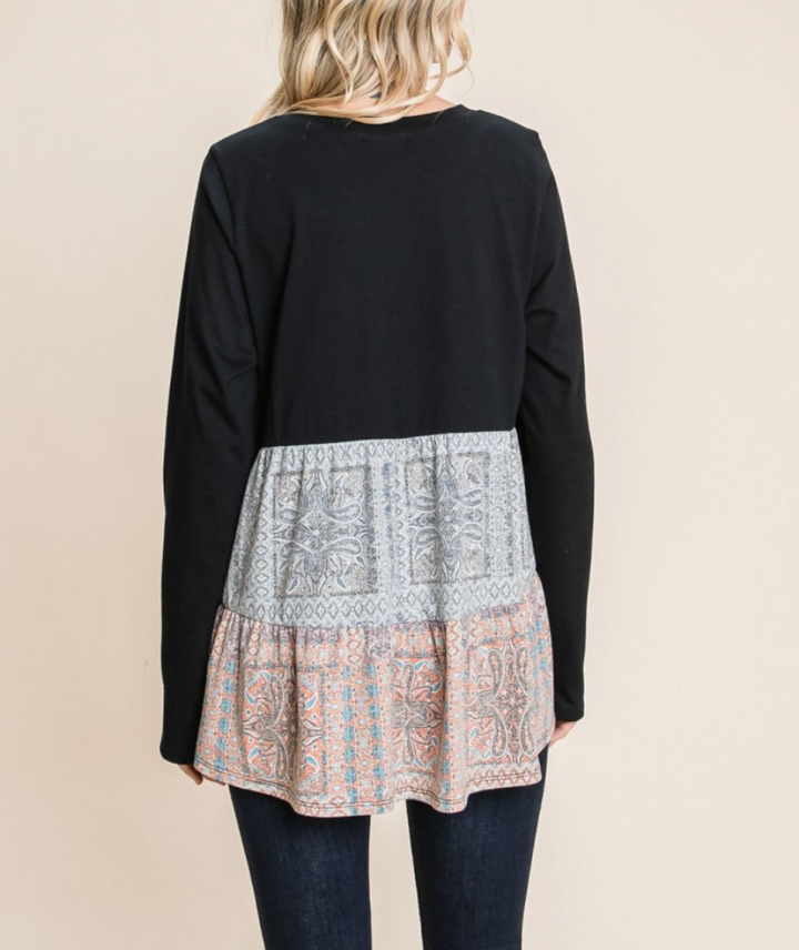 Cotton Bleu - Paisley Print Color Block Flare Top