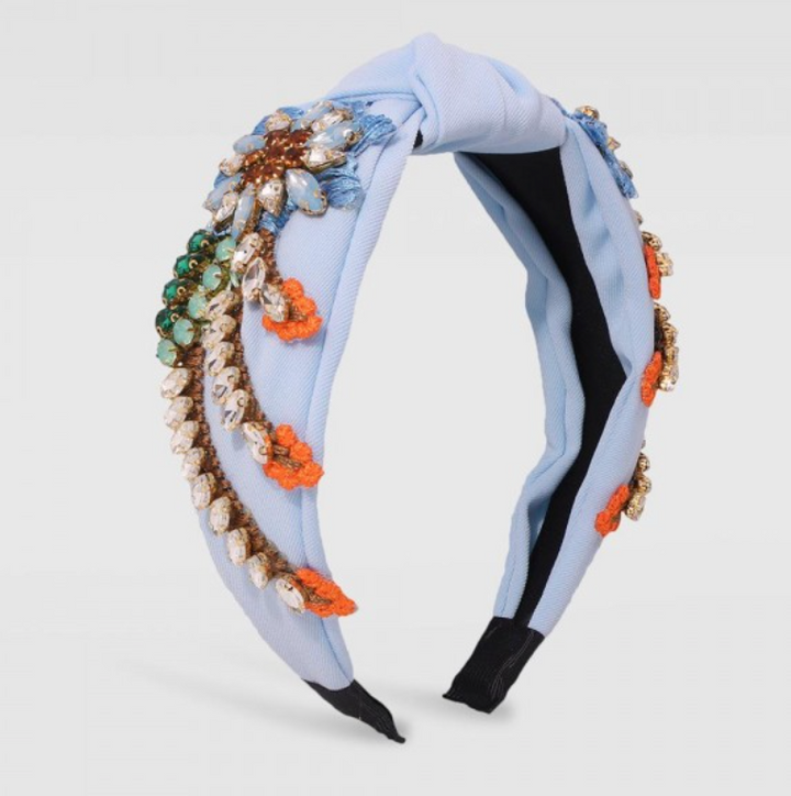 Statement Knotted Headband Featuring Stitched Rhinestone Studded Flowers
