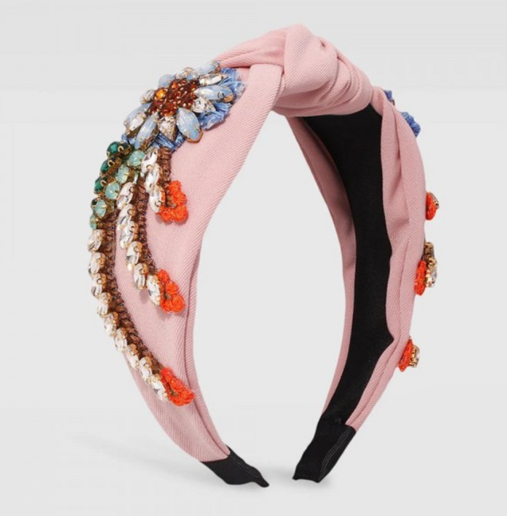 Statement Knotted Headband Featuring Stitched Rhinestone Studded Flowers