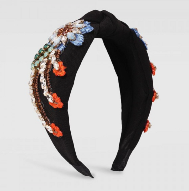 Statement Knotted Headband Featuring Stitched Rhinestone Studded Flowers
