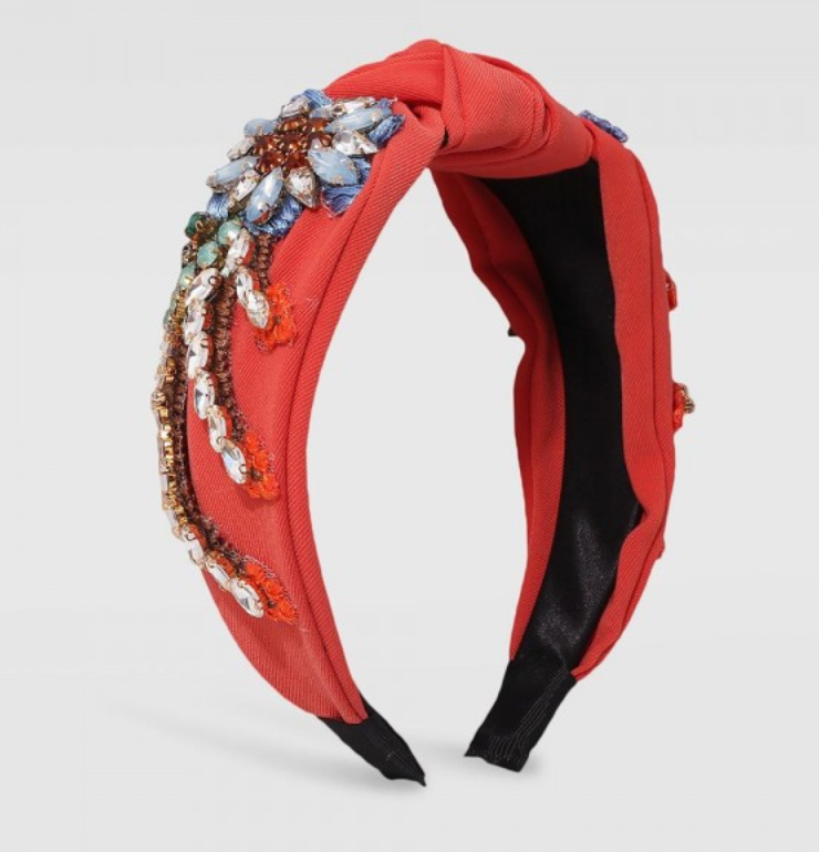 Statement Knotted Headband Featuring Stitched Rhinestone Studded Flowers