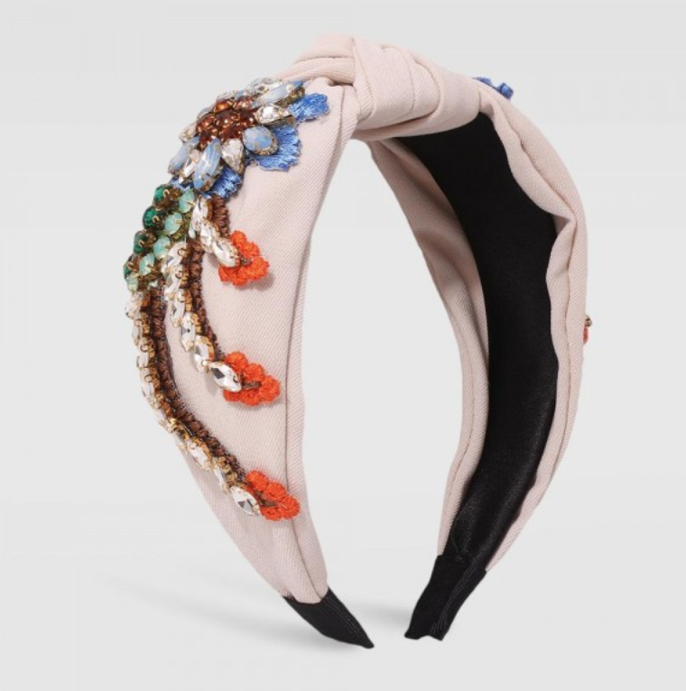 Statement Knotted Headband Featuring Stitched Rhinestone Studded Flowers