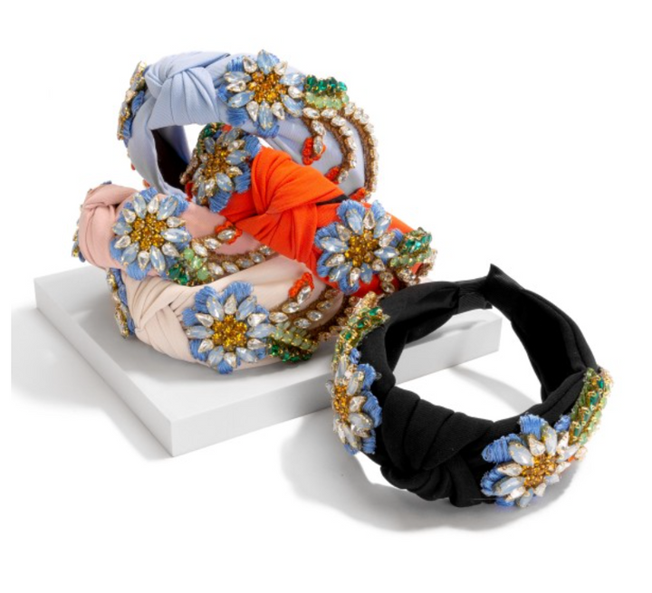 Statement Knotted Headband Featuring Stitched Rhinestone Studded Flowers