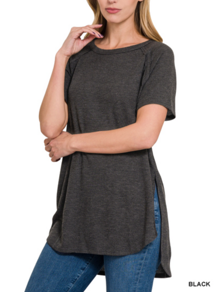 Zenana - MELAGE BABY WAFFLE SHORT SLEEVE TOP